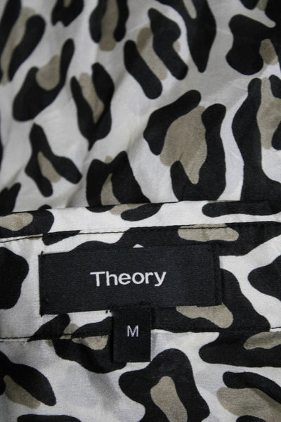 Theory Womens Button Up Long Sleeve Collared Leopard Silk Top White Black Medium