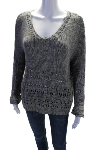 Vince Womens Cotton Open Knit V Neck Long Sleeve Pullover Sweater Gray Size M