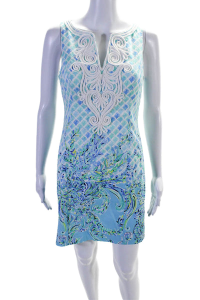 Lily Pulitzer Women Cotton V Neck Embroidered Abstract Print Dress Blue Size 2