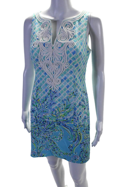 Lily Pulitzer Women Cotton V Neck Embroidered Abstract Print Dress Blue Size 2