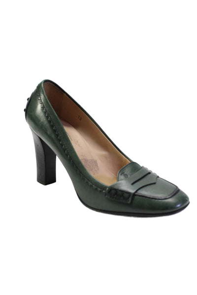 Tods Womens Slip On Block Heel Round Toe Pumps Green Leather Size 10