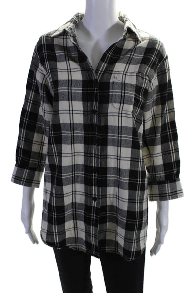 Theory Womens Button Front Long Sleeve Collared Plaid Shirt Black White Size 8