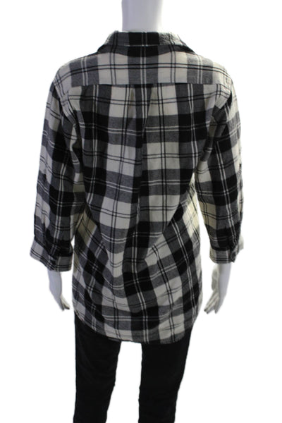 Theory Womens Button Front Long Sleeve Collared Plaid Shirt Black White Size 8