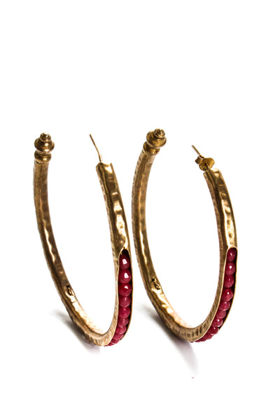 Designer Womens Gold Plated Sterling Silver Garnet Bead Hammered Hoop Earrings 2