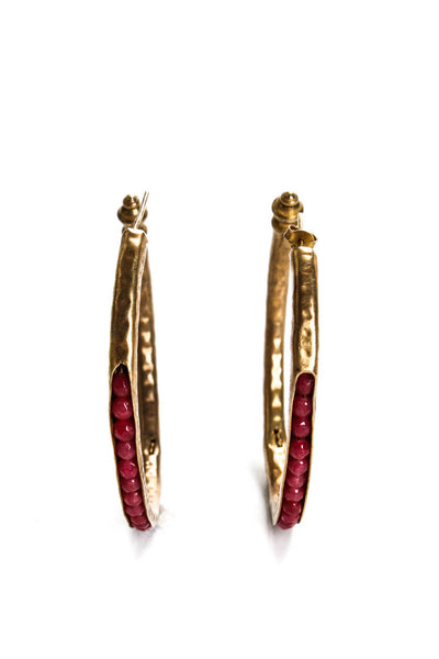 Designer Womens Gold Plated Sterling Silver Garnet Bead Hammered Hoop Earrings 2