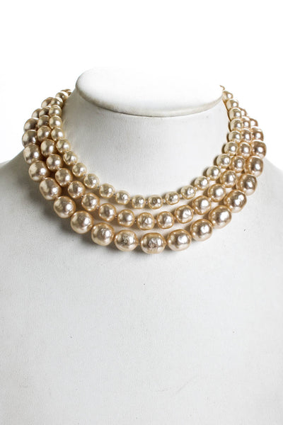 Miriam Haskell Womens Vintage Gold Tone Imitation Pearl Three Strand Necklace 15