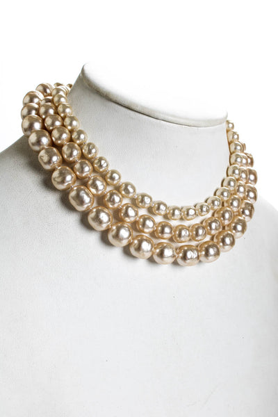 Miriam Haskell Womens Vintage Gold Tone Imitation Pearl Three Strand Necklace 15