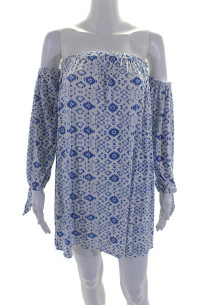 Rachel Pally Womens 3/4 Sleeve Off Shoulder Abstract Dress White Blue Medium