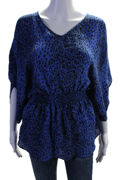 Parker Womens Half Sleeve V Neck Leopard Print Silk Top Blue Black Size Medium