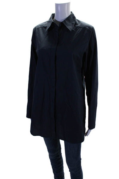 Magaschoni Womens Button Front Long Sleeve Collared Shirt Navy Cotton Size 6