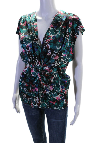 Prabal Gurung Womens Short Sleeve Floral Silk Twist Top Black Green Size 6