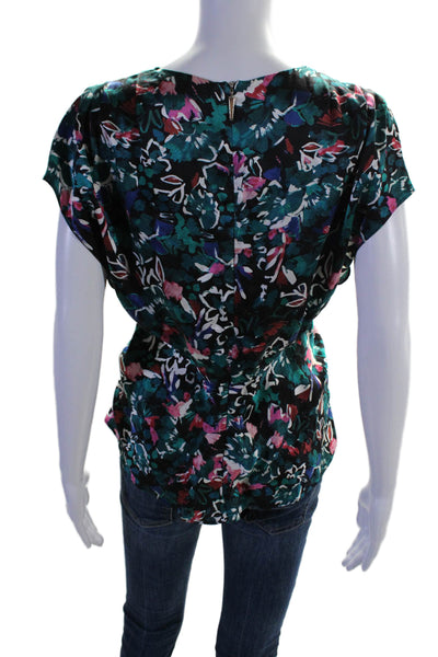 Prabal Gurung Womens Short Sleeve Floral Silk Twist Top Black Green Size 6