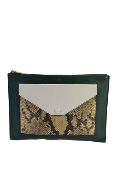 Celine Womens Green Leather Tri Color Snakeskin Print Zip Clutch Bag Handbag