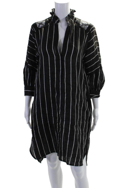 Sandro Women's Round Neck Ruffle Long Sleeves Mini Shirt Dress Striped Size 1