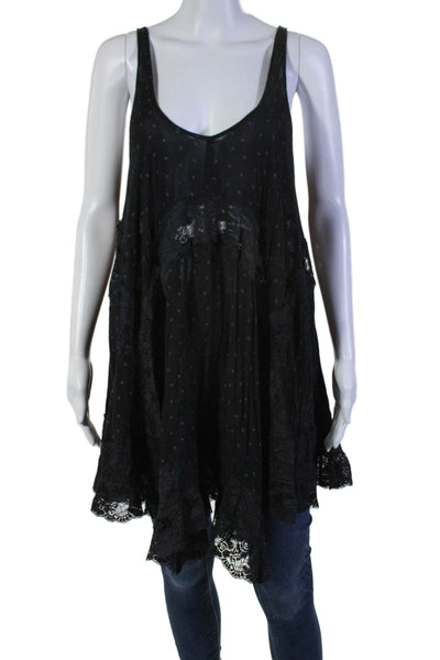 Intimately Free People Womens Black Printed Lace Trim Swing Tunic Top Size M