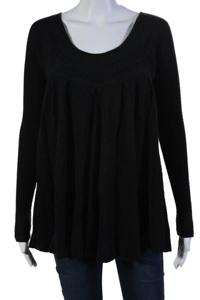 Free People Womens Cotton Ribbed Scoop Neck Long Sleeve Swing Top Black Size M