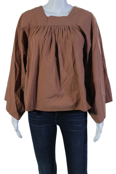 Doen Womens Long Sleeves Square Neck Blouse Clay Brown Cotton Size Medium