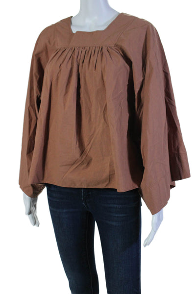 Doen Womens Long Sleeves Square Neck Blouse Clay Brown Cotton Size Medium