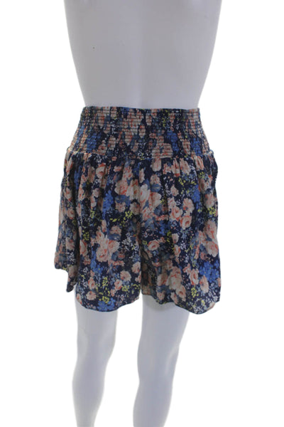 Rebecca Taylor Womens Smocked Waistband Floral Silk Shorts Blue Pink Size Medium