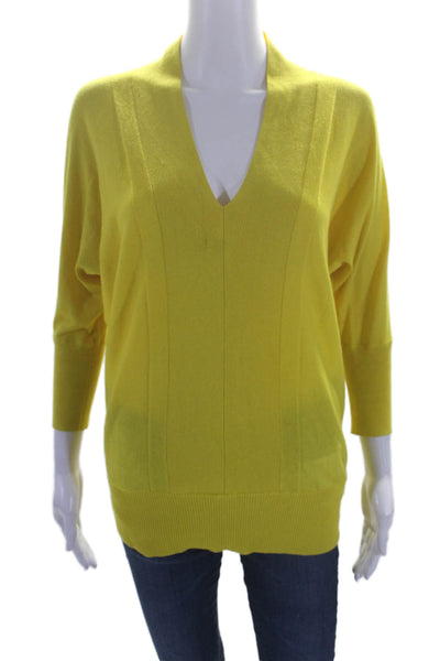 Magaschoni Womens 3/4 Sleeve V Neck Silk Knit Sweater Yellow Size Small