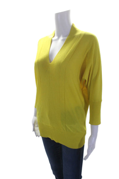 Magaschoni Womens 3/4 Sleeve V Neck Silk Knit Sweater Yellow Size Small