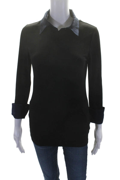 Alice + Olivia Womens Long Sleeve Collared Satin Trim Shirt Black Navy Medium