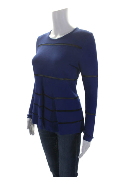 Artelier Nicole Miller Womens Back Zip Crew Neck Mesh Striped Top Blue Large