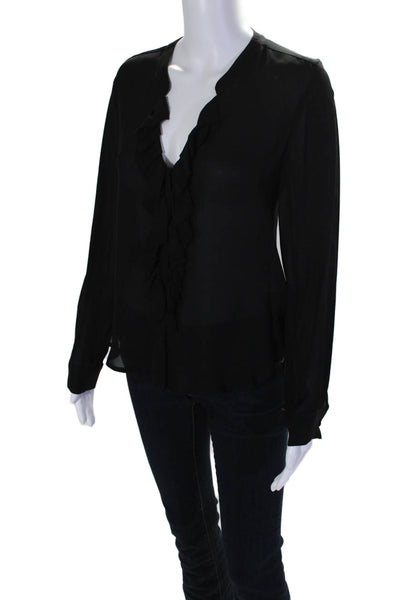 L'Agence Womens Silk Black Ruffle Detail V-neck Long Sleeve Blouse Top Size XS