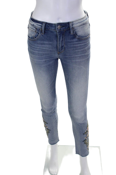 Driftwood Womens Cotton Floral Embroidered Mid-Rise Skinny Jeans Blue Size 25