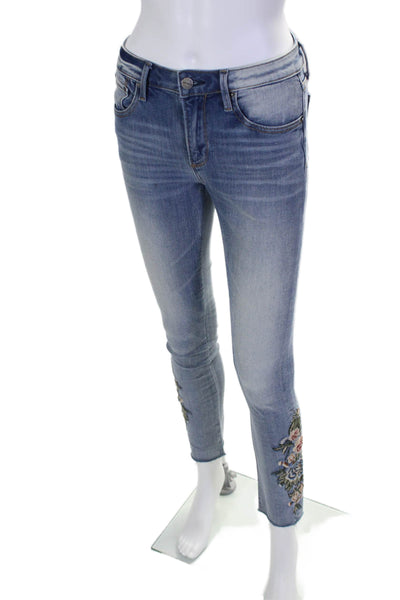 Driftwood Womens Cotton Floral Embroidered Mid-Rise Skinny Jeans Blue Size 25