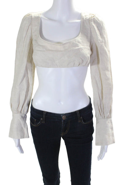 L'Academie Womens Linen Round Neck Long Sleeve Button Up Crop Top Beige Size S