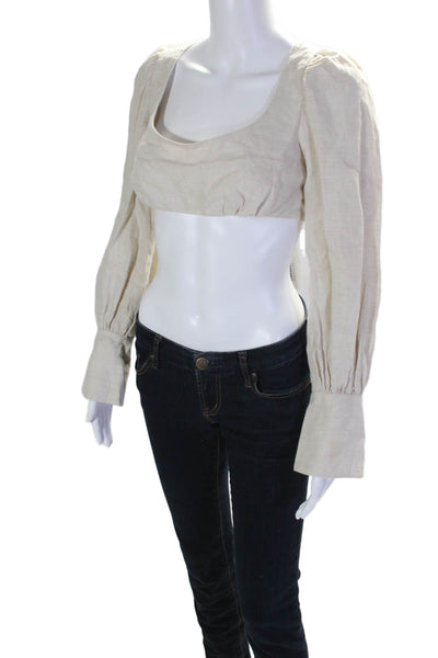 L'Academie Womens Linen Round Neck Long Sleeve Button Up Crop Top Beige Size S