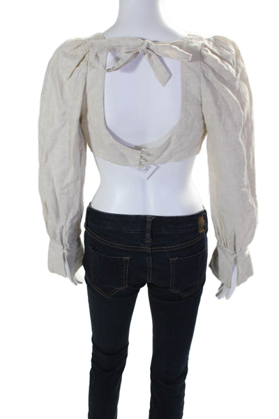 L'Academie Womens Linen Round Neck Long Sleeve Button Up Crop Top Beige Size S