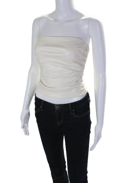 Amanda Uprichard Womens Ruched Vegan Leather Zip Up Strapless Top Cream Size XS