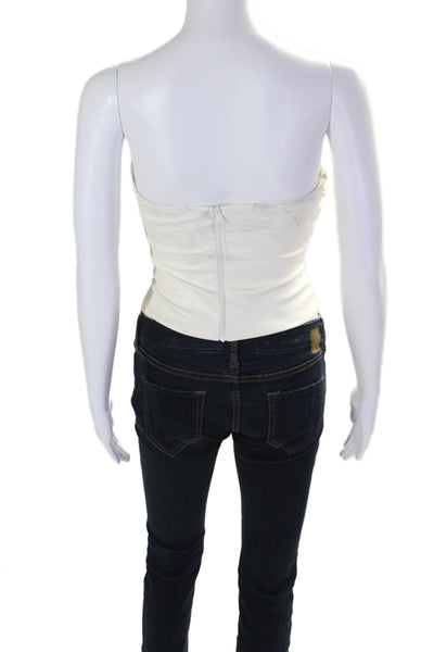 Amanda Uprichard Womens Ruched Vegan Leather Zip Up Strapless Top Cream Size XS