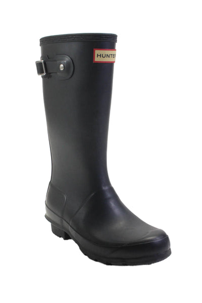 Hunter Girls Round Toe Block Heels Embossed Mid-Calf Rain Boots Black Size 4