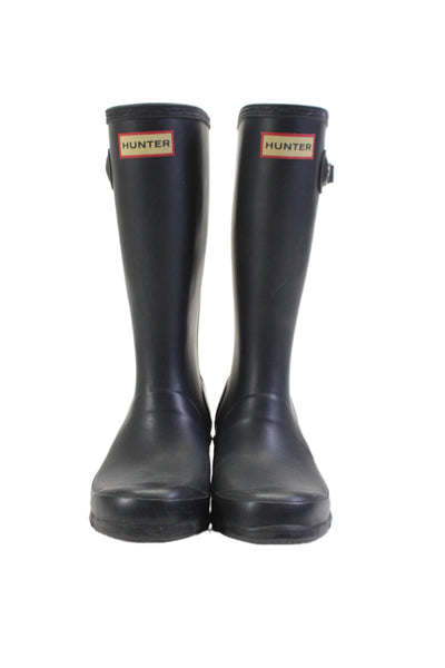 Hunter Girls Round Toe Block Heels Embossed Mid-Calf Rain Boots Black Size 4