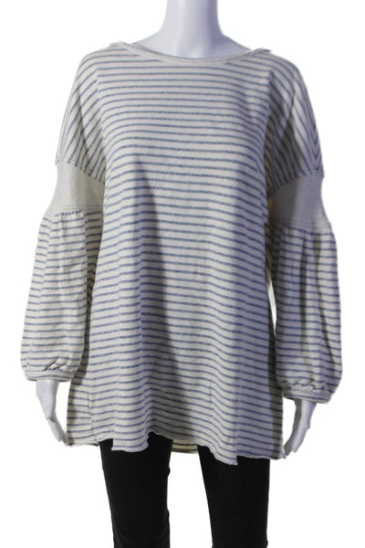 Splendid Womens 3/4 Sleeve Scoop Neck Striped Oversized Sweater White Blue Large