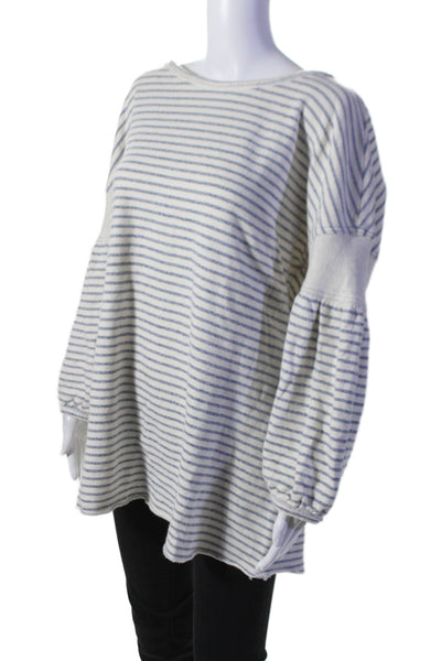 Splendid Womens 3/4 Sleeve Scoop Neck Striped Oversized Sweater White Blue Large