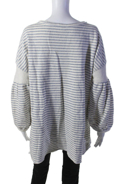 Splendid Womens 3/4 Sleeve Scoop Neck Striped Oversized Sweater White Blue Large