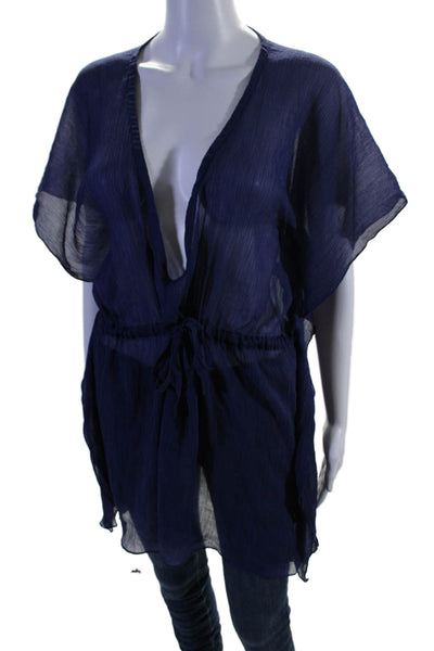 Rachel Rachel Roy Womens V Neck Drawstring Tied Sleeveless Blouse Blue Size L