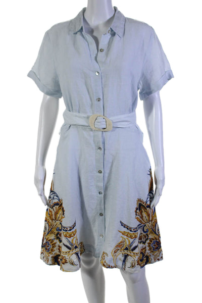 Joie Womens Linen Floral Print Hem Buttoned-Down Belted Midi Dress Blue Size M