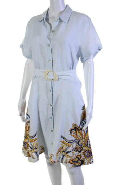 Joie Womens Linen Floral Print Hem Buttoned-Down Belted Midi Dress Blue Size M