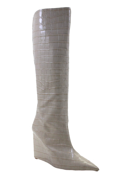 Schutz Womens Embossed Leather Pointed Toe Knee High Wedge Boots Beige Size 8