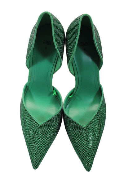 Zara Womens Rhinestone Pointed Toe D'Orsay Heels Green Size 8