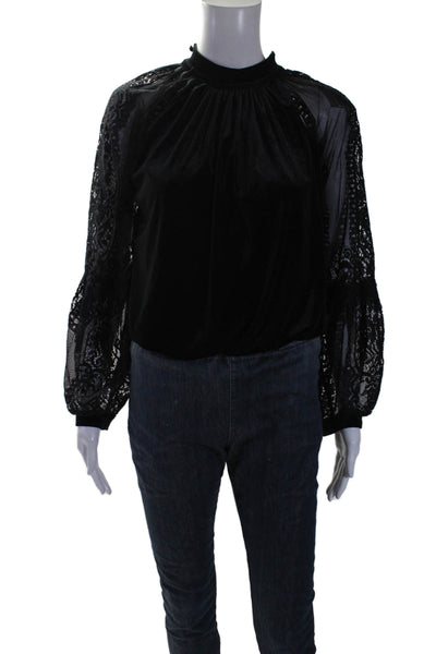 Free People Womens Long Lace Sleeve Mock Neck Velvet Top Black Size Extra Small