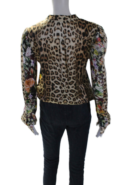 Generation Love Womens Leopard Floral Silk Wrap Shirt Brown Multi Size XS