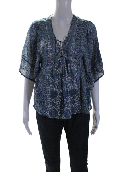 Joie Womens Silk Short Sleeve Floral Print Lace Up Blouse Blue Size XXS