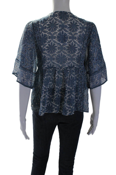 Joie Womens Silk Short Sleeve Floral Print Lace Up Blouse Blue Size XXS