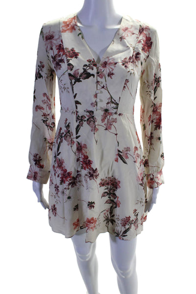 The Kooples Womens Silk Long Sleeve V Neck Floral A Line Dress White Size XS